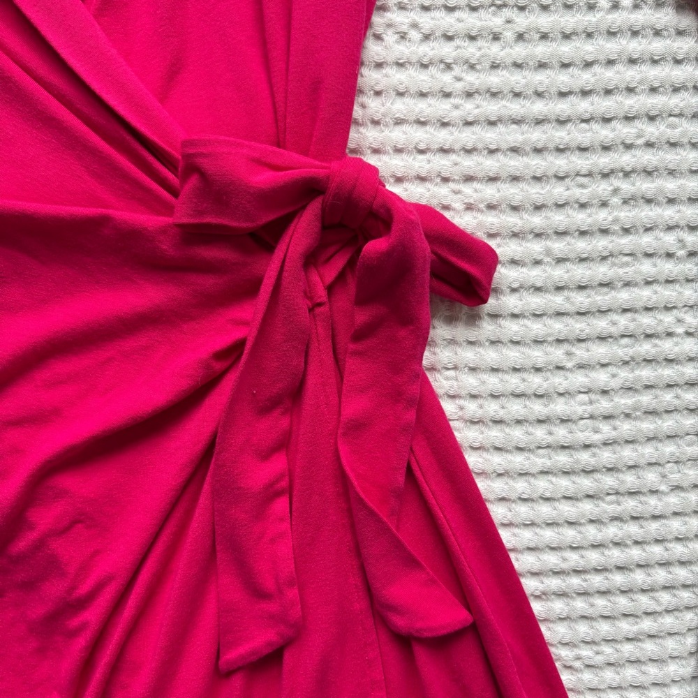 Ann Taylor Bright Pink Wrap Dress 3/4 Sleeve Tie Waist Knee Length: XS - Picture 3 of 7